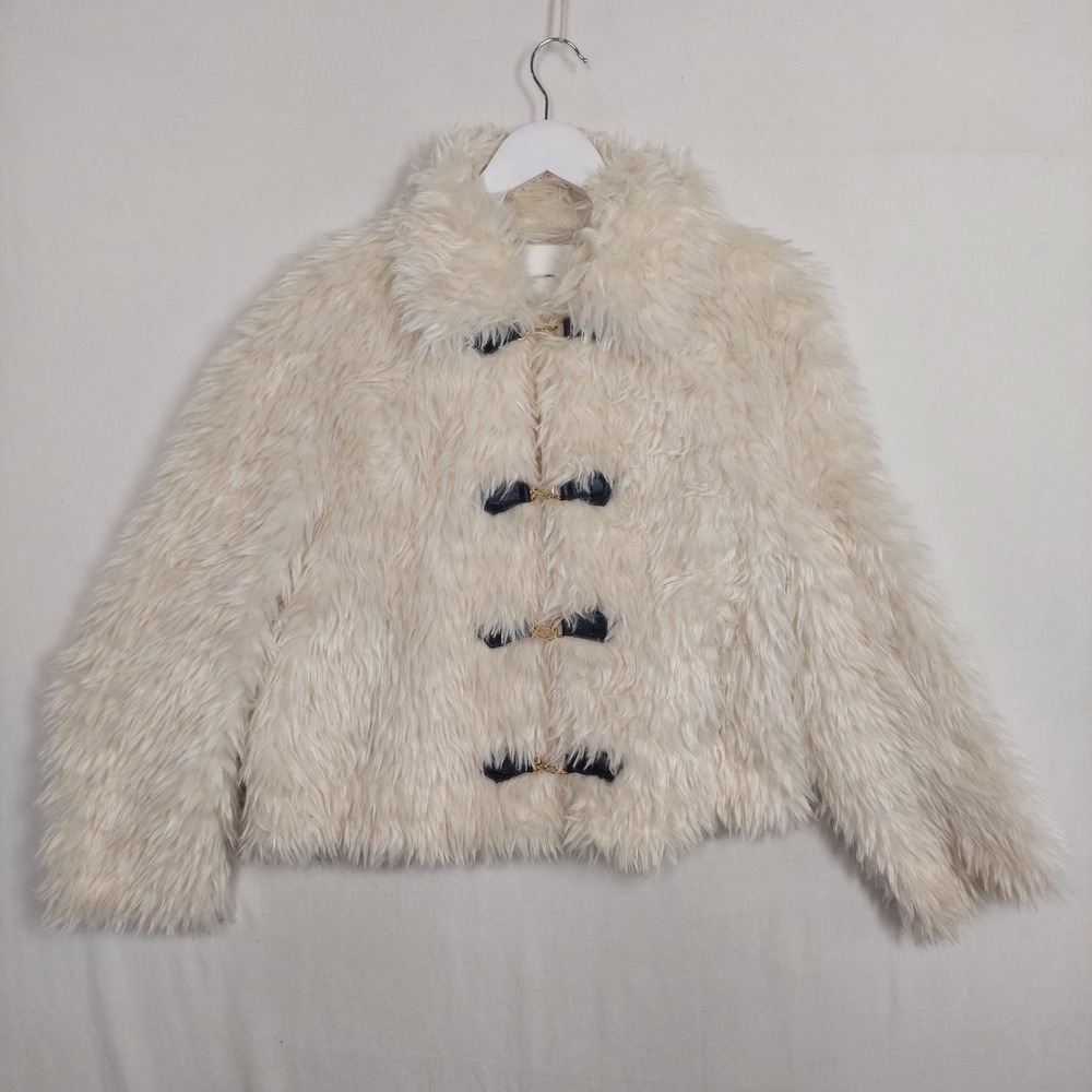 by Anthropologie Faux Fur Shaggy Jacket Ivory Cream Toggle Closure OB2098700 XS